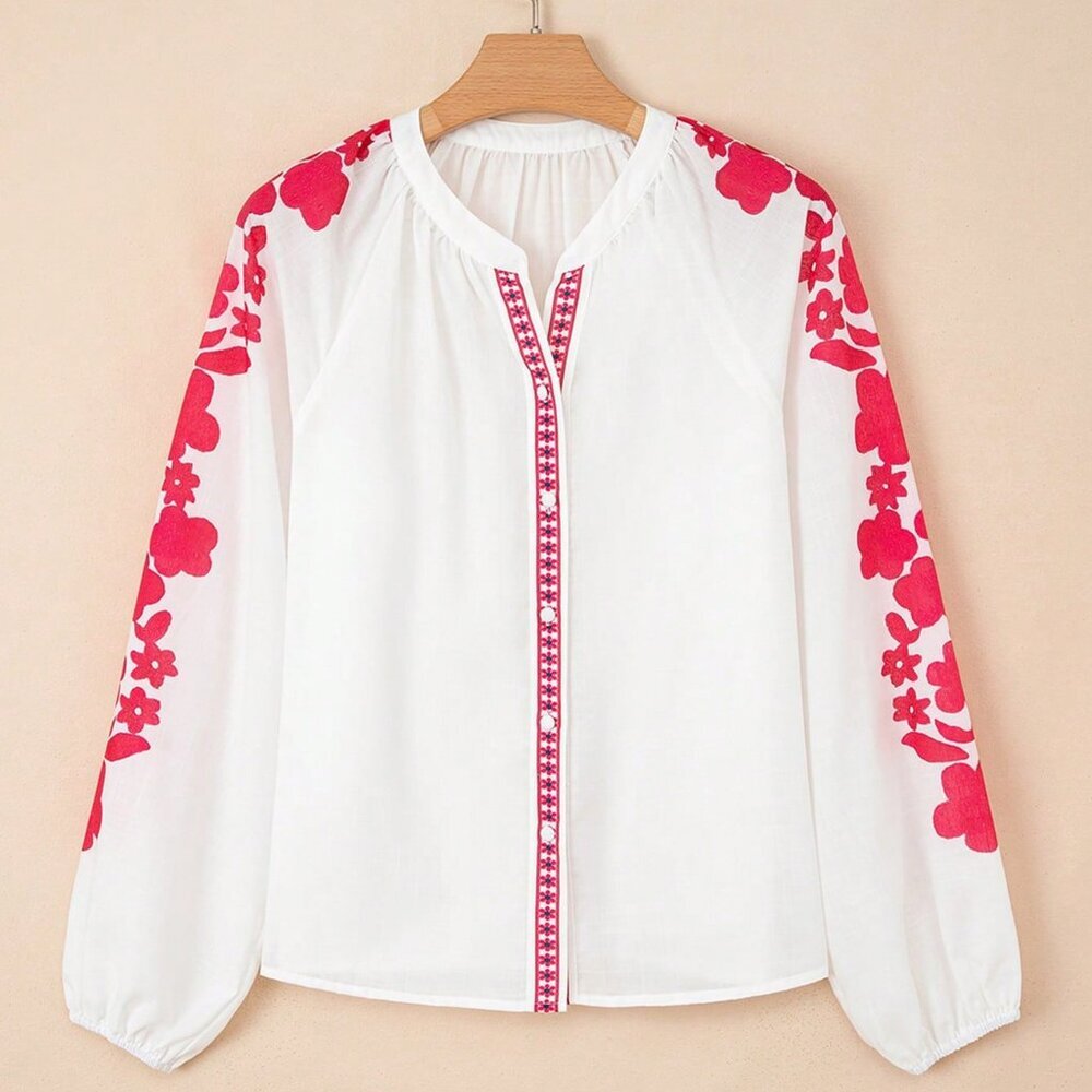 White Casual Women's Floral Embroidery Puff Sleeve Button-Up Shirt - Picture 3 of 8